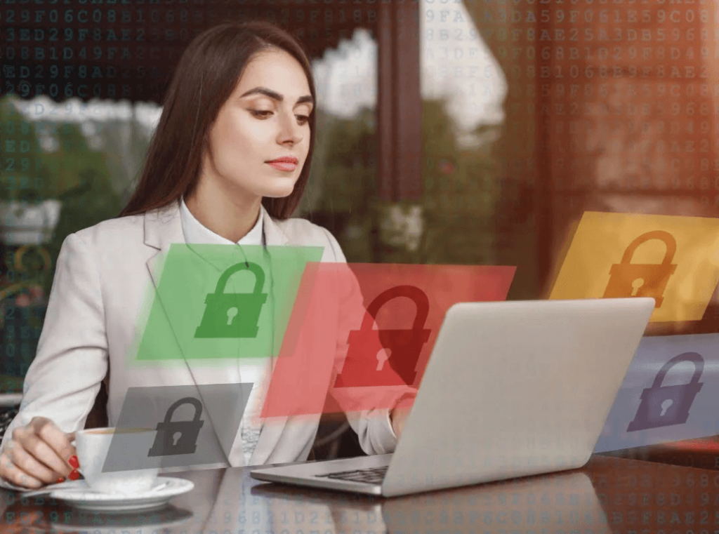 A professional woman using a laptop with digital padlock overlays, representing a candidate's attempt to hide their online presence and avoid social media screening.